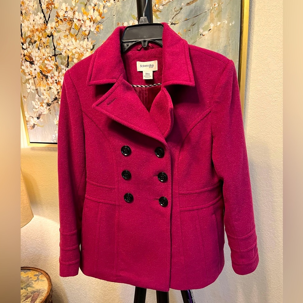 St. John's Bay Cashmere Wool Blend Pea Coat - Size, Small - Color, Wine